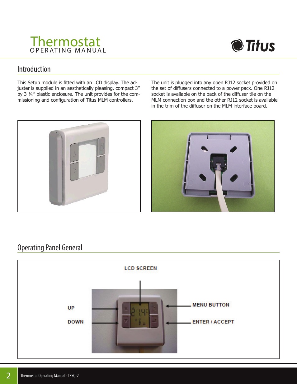 Thermostat, Introduction, Operating panel general | Titus T3SQ-2 Thermostat Operating Manual User Manual | Page 2 / 6