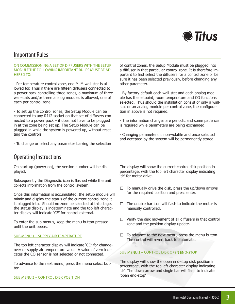 3important rules operating instructions | Titus T3SQ-2 Thermostat Operating Manual User Manual | Page 3 / 6