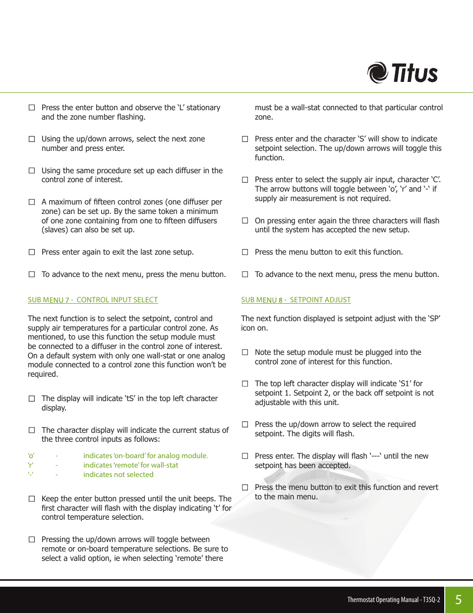 Titus T3SQ-2 Thermostat Operating Manual User Manual | Page 5 / 6