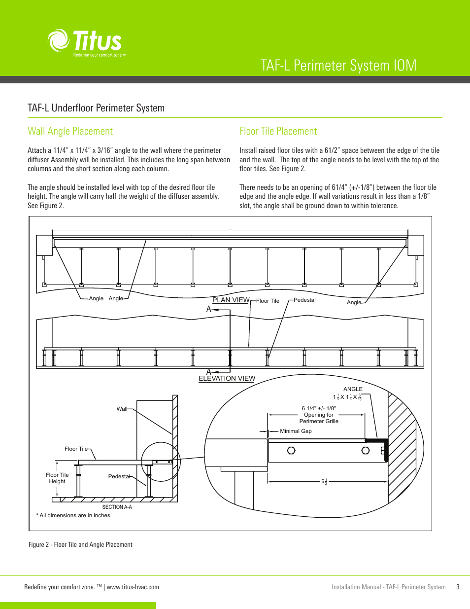 Taf-l perimeter system iom, Wall angle placement, Floor tile placement | Taf-l underfloor perimeter system | Titus TAF-L Perimeter System IOM User Manual | Page 3 / 10