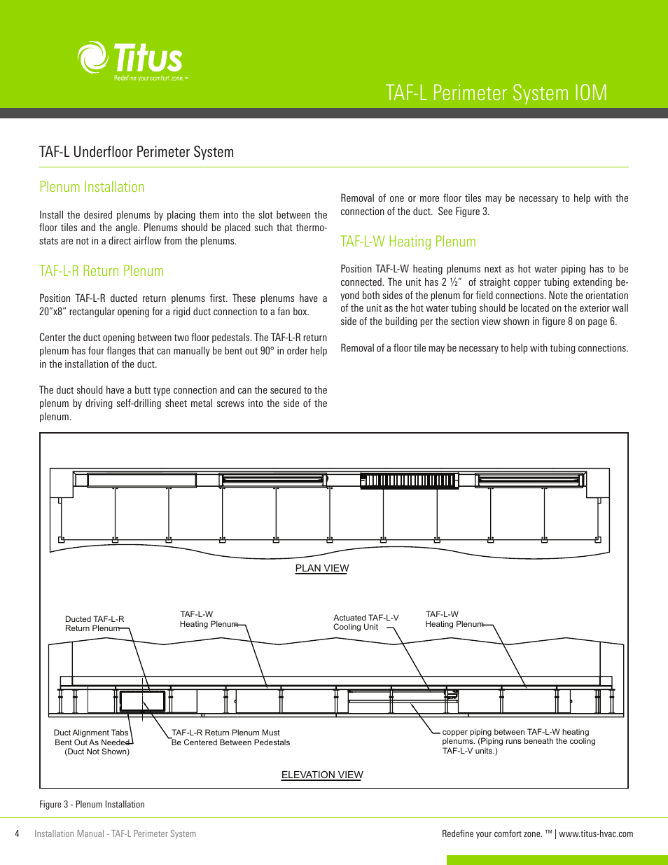 Taf-l perimeter system iom, Plenum installation, Taf-l-r return plenum | Taf-l-w heating plenum, Taf-l underfloor perimeter system | Titus TAF-L Perimeter System IOM User Manual | Page 4 / 10