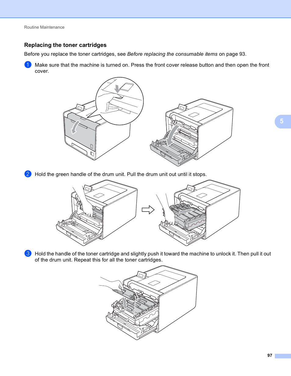 Replacing the toner cartridges | Brother HL 4570CDWT User Manual | Page 103 / 200