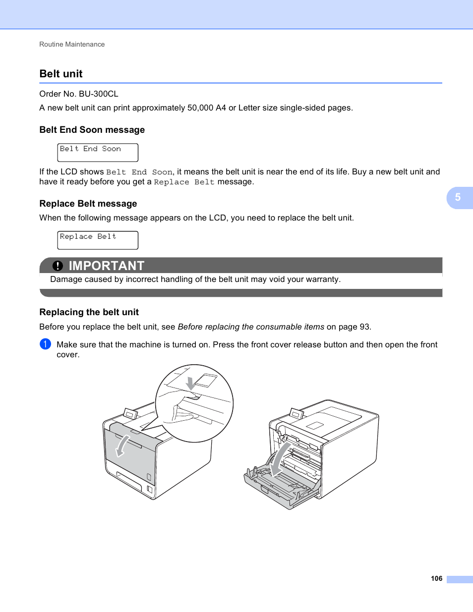 Belt unit, Belt end soon message, Replace belt message | Replacing the belt unit, Important, 5belt unit | Brother HL 4570CDWT User Manual | Page 112 / 200