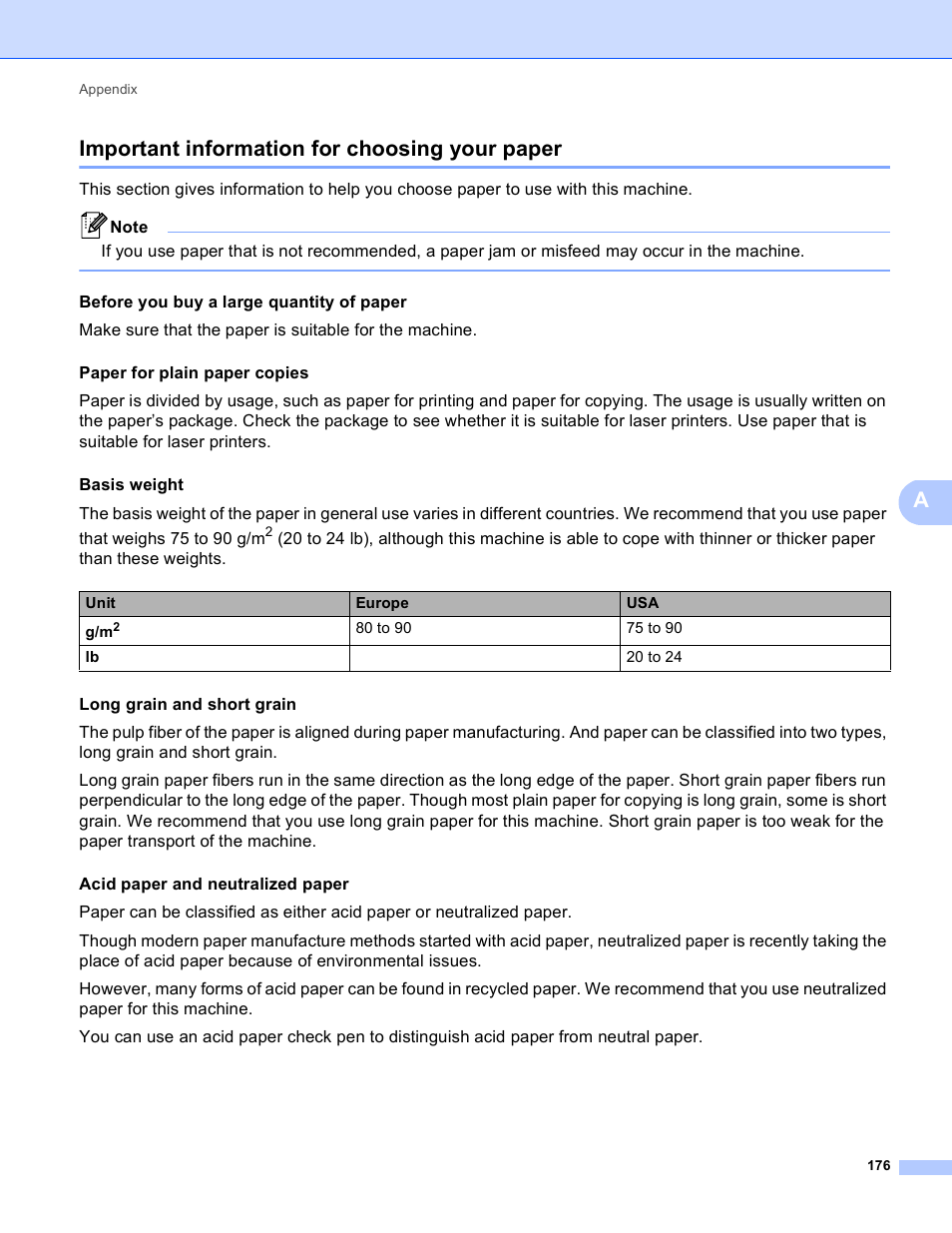 Important information for choosing your paper, Aimportant information for choosing your paper | Brother HL 4570CDWT User Manual | Page 182 / 200