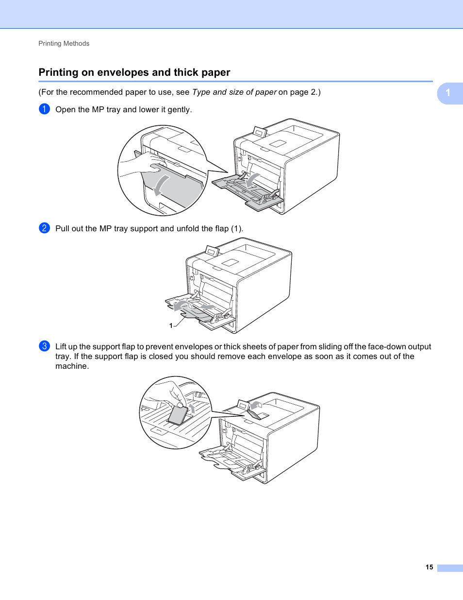 Printing on envelopes and thick paper, 1printing on envelopes and thick paper | Brother HL 4570CDWT User Manual | Page 21 / 200