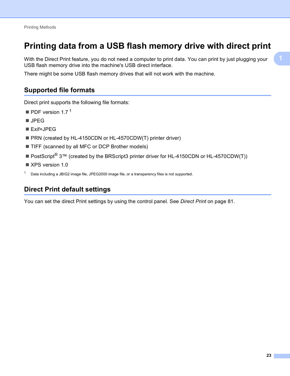 Supported file formats, Direct print default settings | Brother HL 4570CDWT User Manual | Page 29 / 200