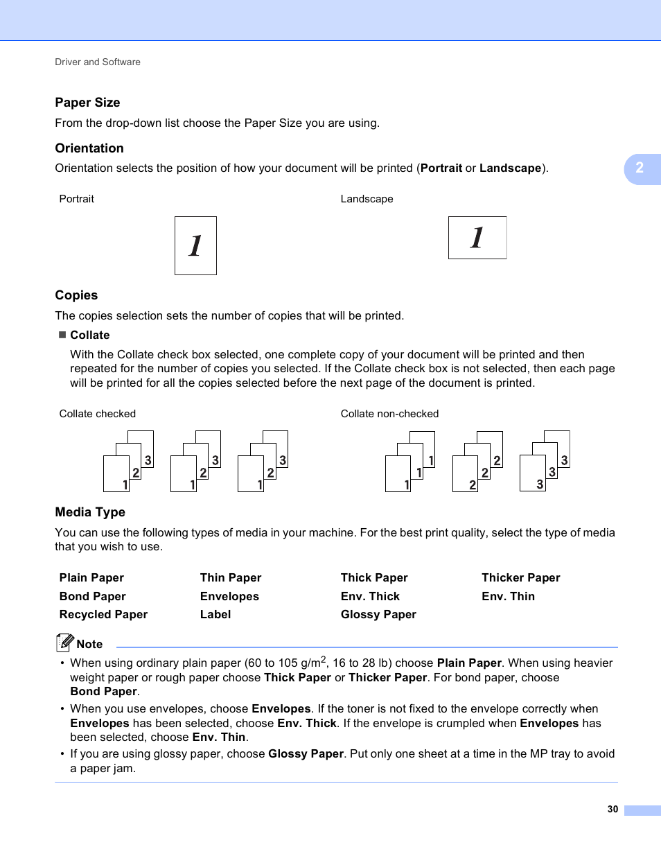 Paper size, Orientation, Copies | Media type | Brother HL 4570CDWT User Manual | Page 36 / 200