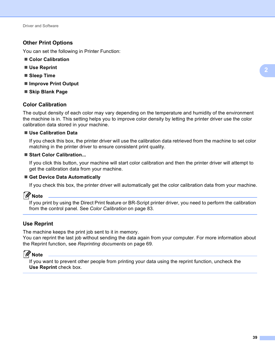 Other print options, Color calibration, Use reprint | Brother HL 4570CDWT User Manual | Page 45 / 200