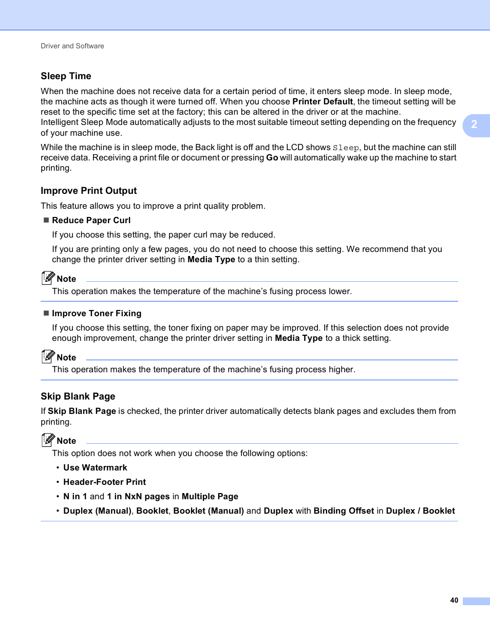 Sleep time, Improve print output, Skip blank page | Brother HL 4570CDWT User Manual | Page 46 / 200