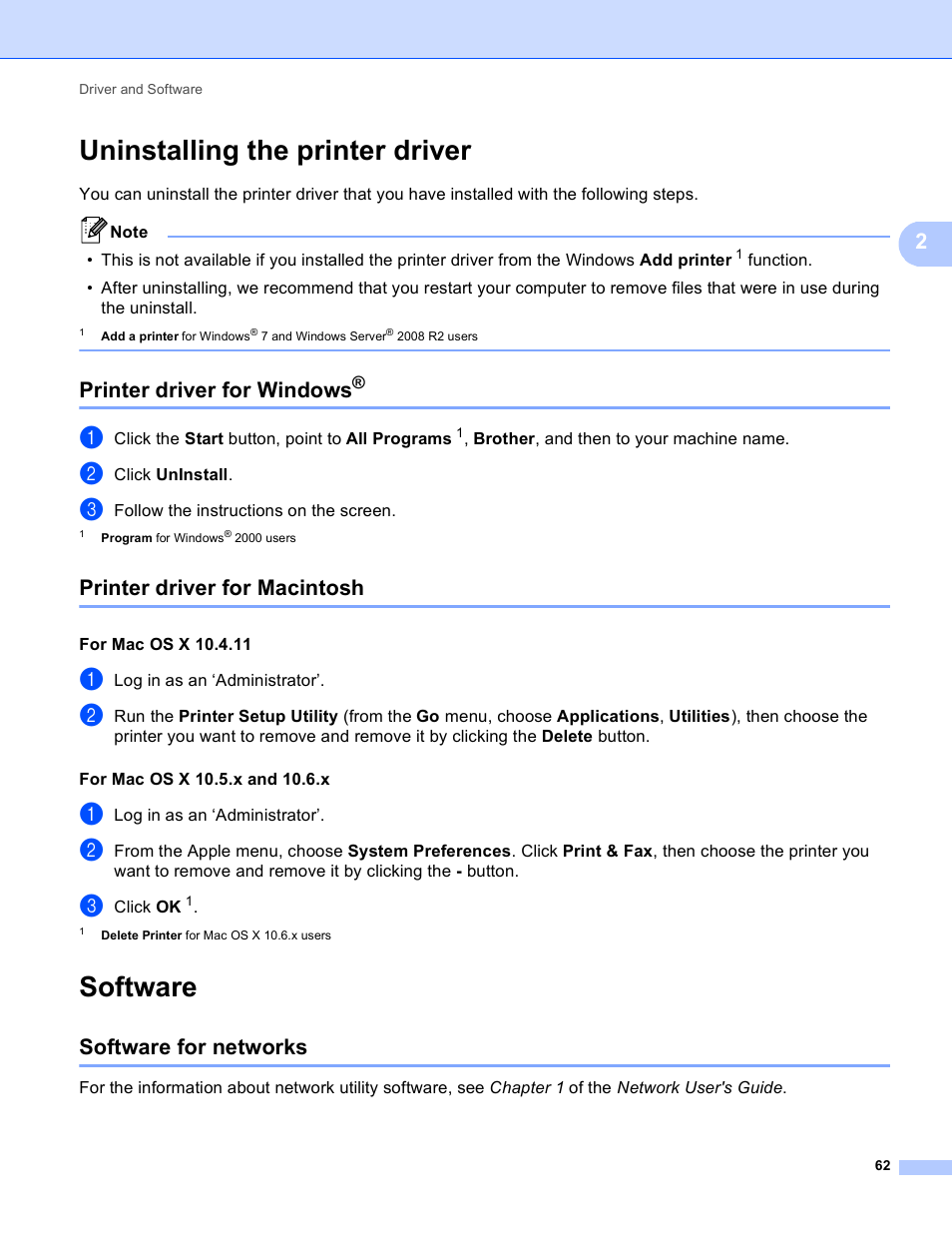 Uninstalling the printer driver, Printer driver for windows, Printer driver for macintosh | Software, Software for networks | Brother HL 4570CDWT User Manual | Page 68 / 200