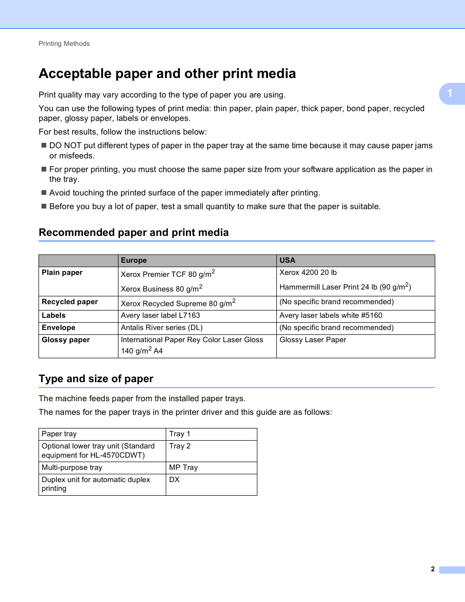 Acceptable paper and other print media, Recommended paper and print media, Type and size of paper | Brother HL 4570CDWT User Manual | Page 8 / 200