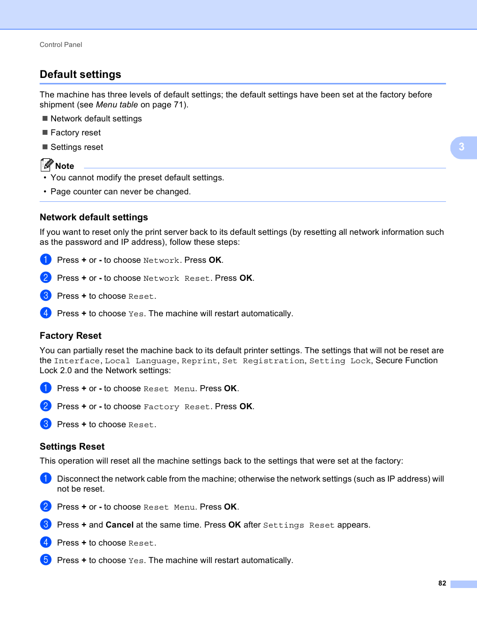 Default settings, Network default settings, Factory reset | Settings reset, 3default settings | Brother HL 4570CDWT User Manual | Page 88 / 200