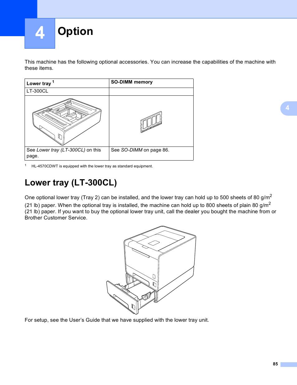 4 option, Lower tray (lt-300cl), Option | Brother HL 4570CDWT User Manual | Page 91 / 200