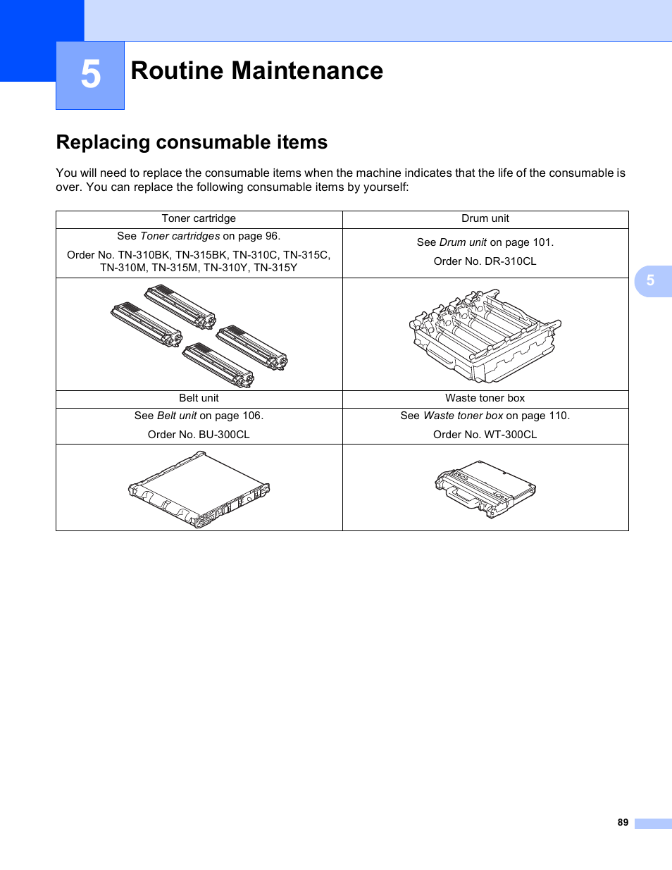 5 routine maintenance, Replacing consumable items, Routine maintenance | Brother HL 4570CDWT User Manual | Page 95 / 200