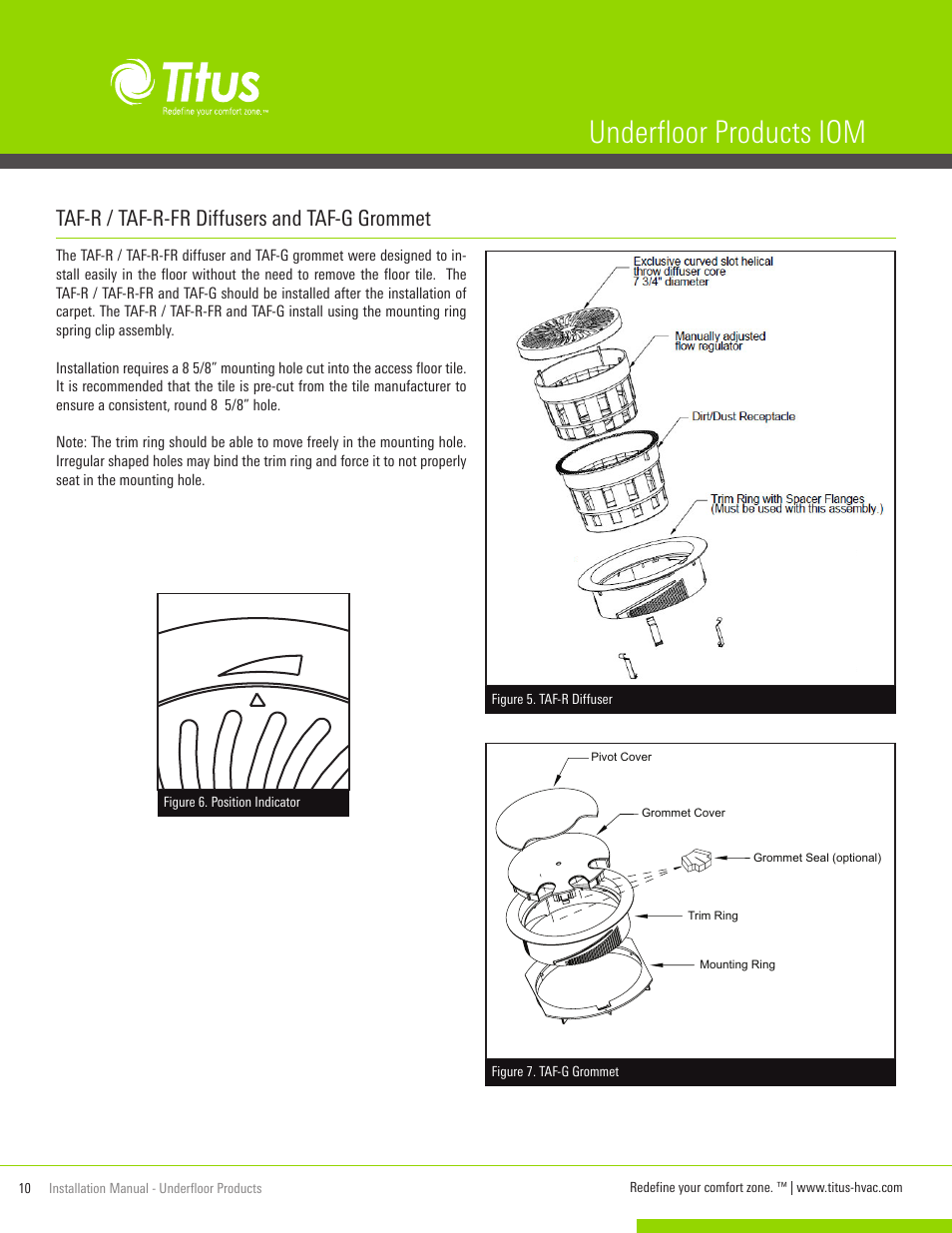 Underfloor products iom, Taf-r / taf-r-fr diffusers and taf-g grommet | Titus UnderFloor Products IOM User Manual | Page 10 / 20