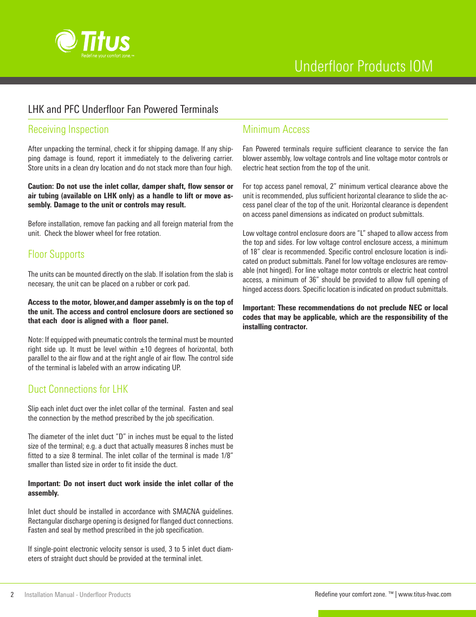 Underfloor products iom, Receiving inspection, Floor supports | Duct connections for lhk, Minimum access, Lhk and pfc underfloor fan powered terminals | Titus UnderFloor Products IOM User Manual | Page 2 / 20