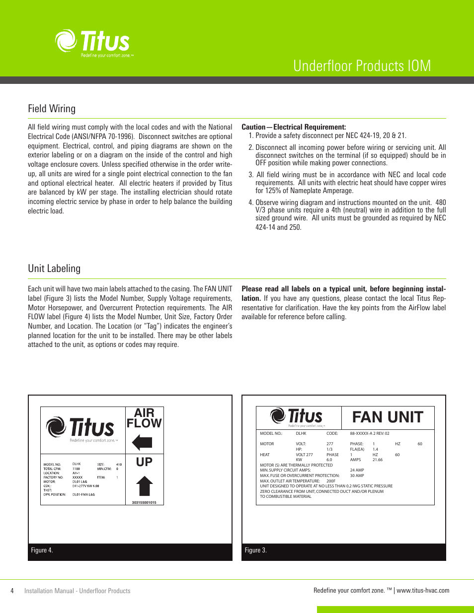 Underfloor products iom, Fan unit, Air flow up | Unit labeling, Field wiring | Titus UnderFloor Products IOM User Manual | Page 4 / 20