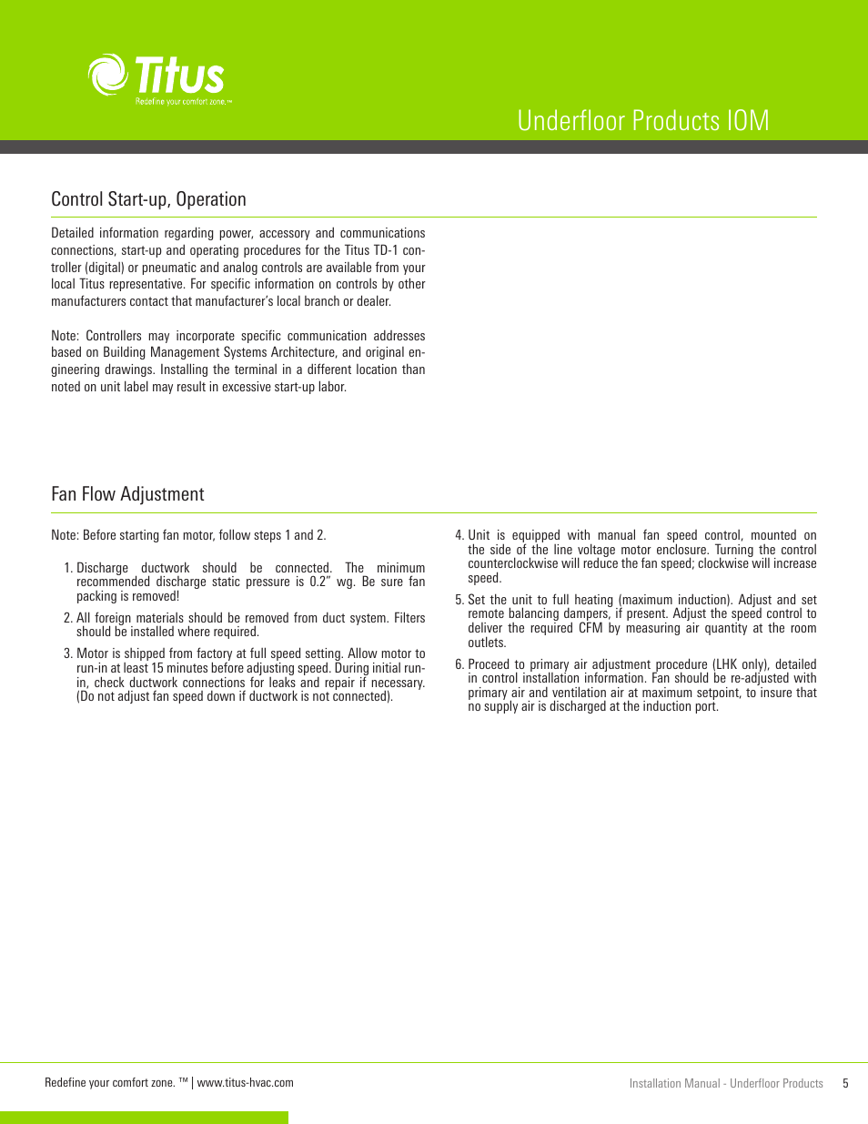 Underfloor products iom, Fan flow adjustment, Control start-up, operation | Titus UnderFloor Products IOM User Manual | Page 5 / 20