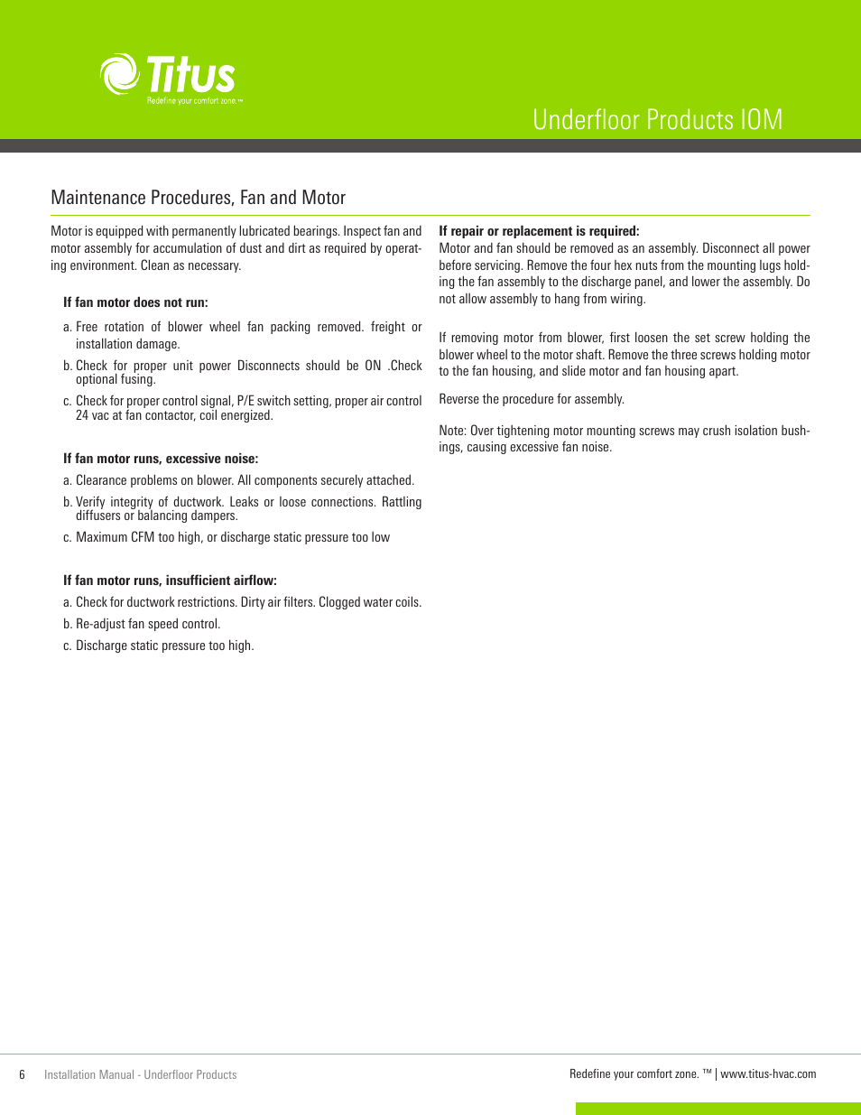 Underfloor products iom, Maintenance procedures, fan and motor | Titus UnderFloor Products IOM User Manual | Page 6 / 20