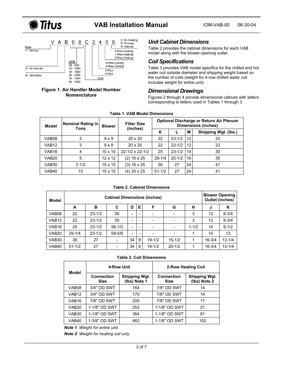 Unit cabinet dimensions, Coil specifications, Dimensional drawings | Vab installation manual | Titus VAB IOM User Manual | Page 2 / 9