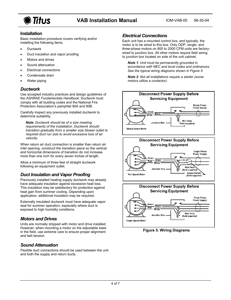 Ductwork, Duct insulation and vapor proofing, Motors and drives | Sound attenuation, Electrical connections, Condensate drain, Installation, Vab installation manual | Titus VAB IOM User Manual | Page 4 / 9