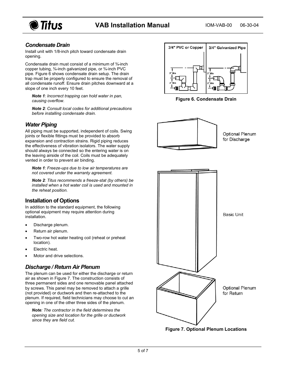 Water piping, Installation of options, Discharge / return air plenum | Condensate drain, Vab installation manual | Titus VAB IOM User Manual | Page 5 / 9