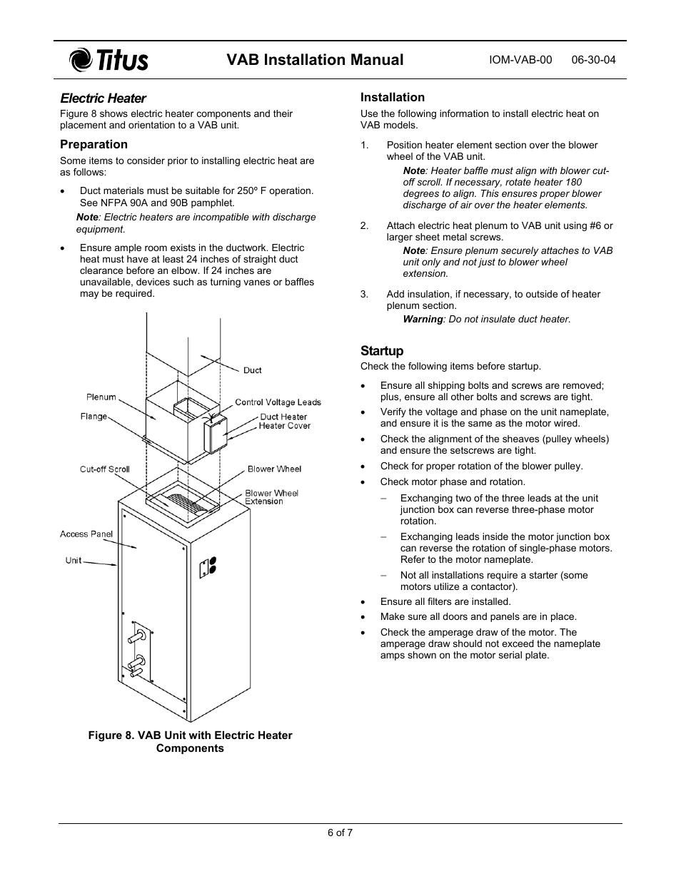 Electric heater, Preparation, Installation | Startup, Operation and maintenance, Vab installation manual | Titus VAB IOM User Manual | Page 6 / 9