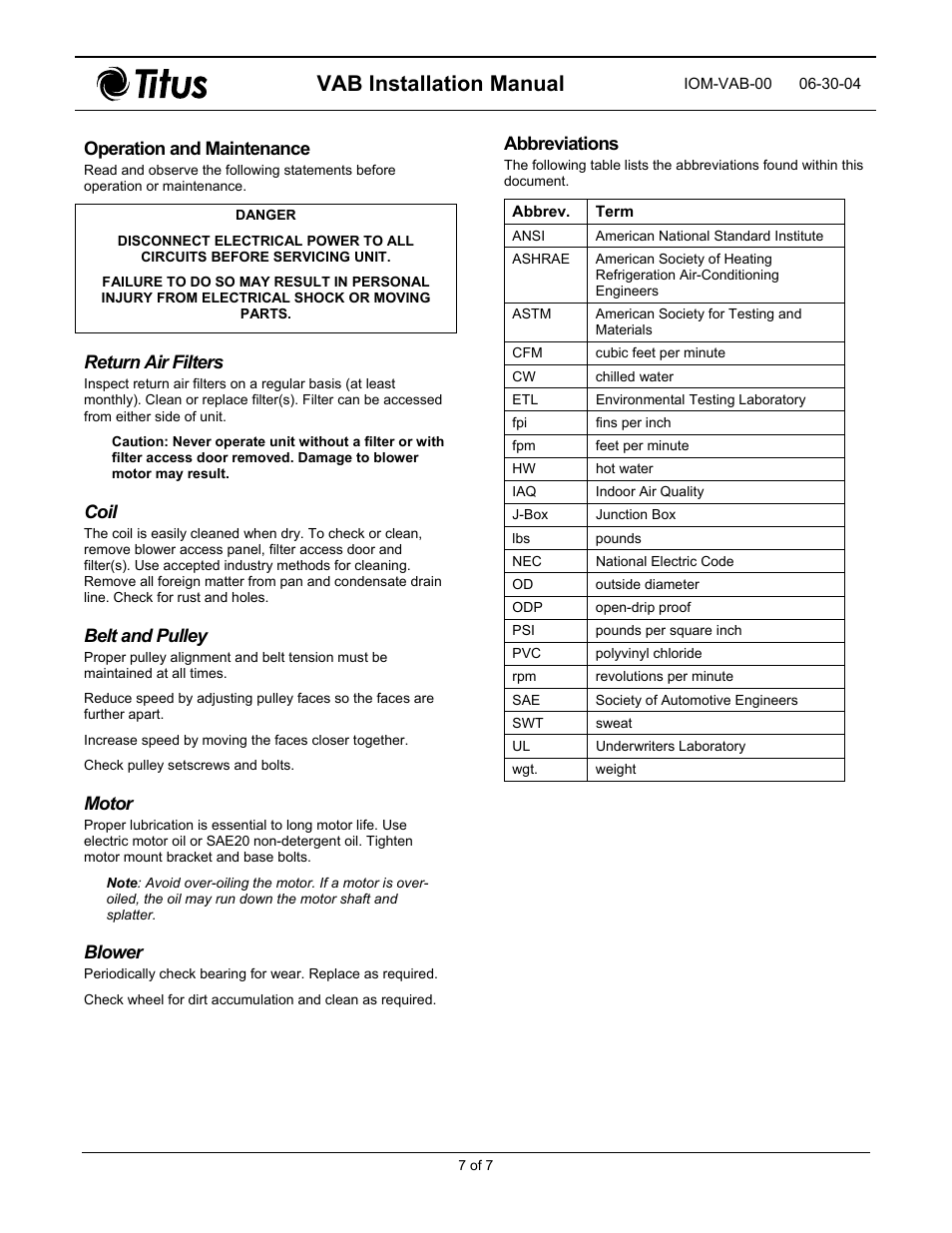 Return air filters, Coil, Belt and pulley | Motor, Blower, Abbreviations, Operation and maintenance, Vab installation manual | Titus VAB IOM User Manual | Page 7 / 9