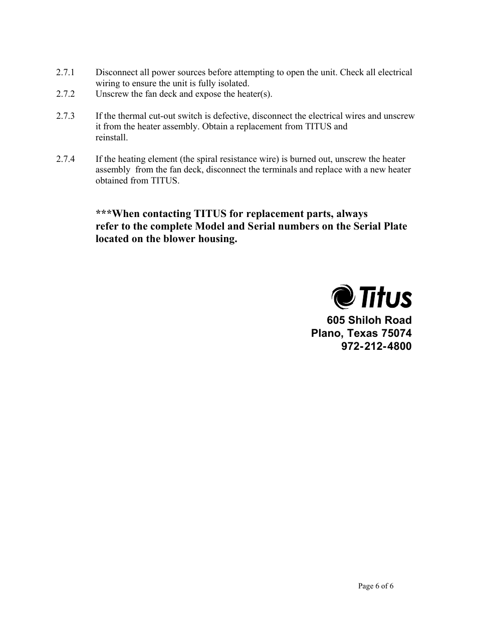 Titus Vertical Basic IOM User Manual | Page 6 / 6