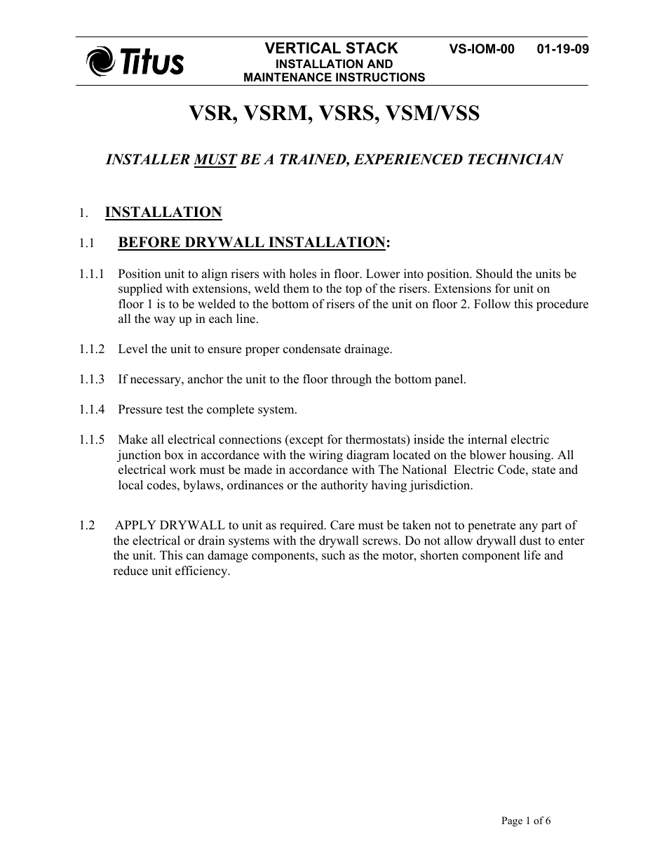 Titus Vertical Stack IOM User Manual | 6 pages