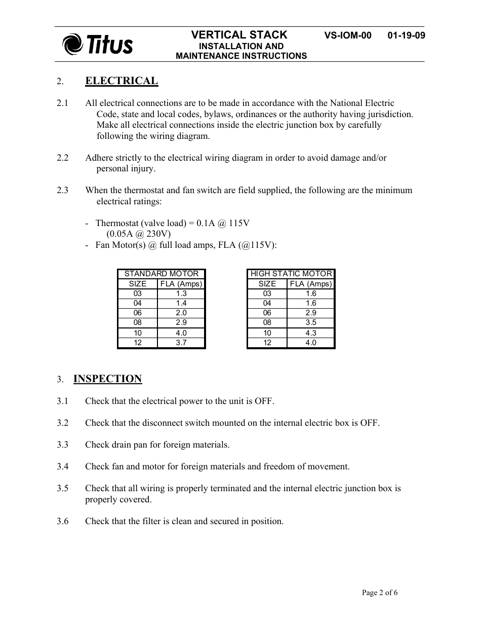 Vertical stack, Electrical, Inspection | Titus Vertical Stack IOM User Manual | Page 2 / 6