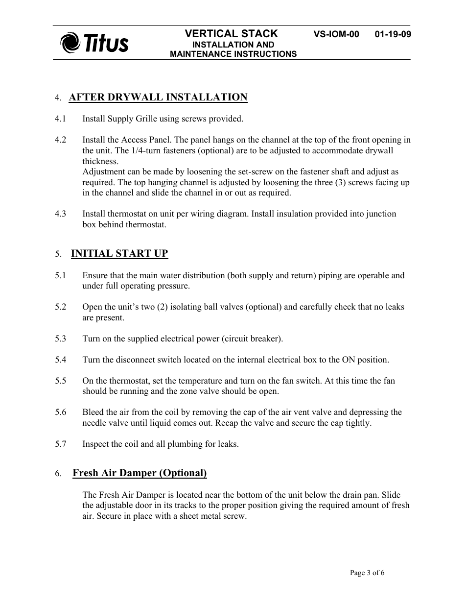 Vertical stack, After drywall installation, Initial start up | Fresh air damper (optional) | Titus Vertical Stack IOM User Manual | Page 3 / 6