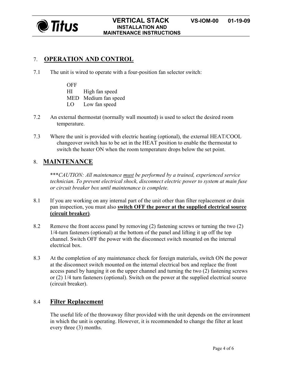 Vertical stack, Operation and control, Maintenance | Filter replacement | Titus Vertical Stack IOM User Manual | Page 4 / 6