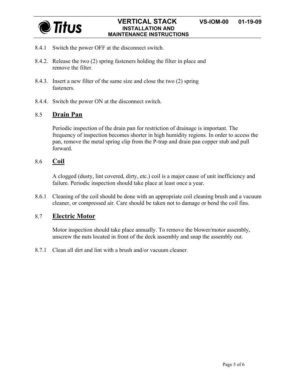 Vertical stack, Drain pan, Coil | Electric motor | Titus Vertical Stack IOM User Manual | Page 5 / 6