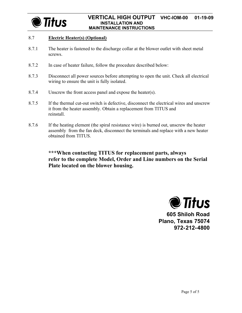 Vertical high output | Titus VHC IOM User Manual | Page 5 / 5