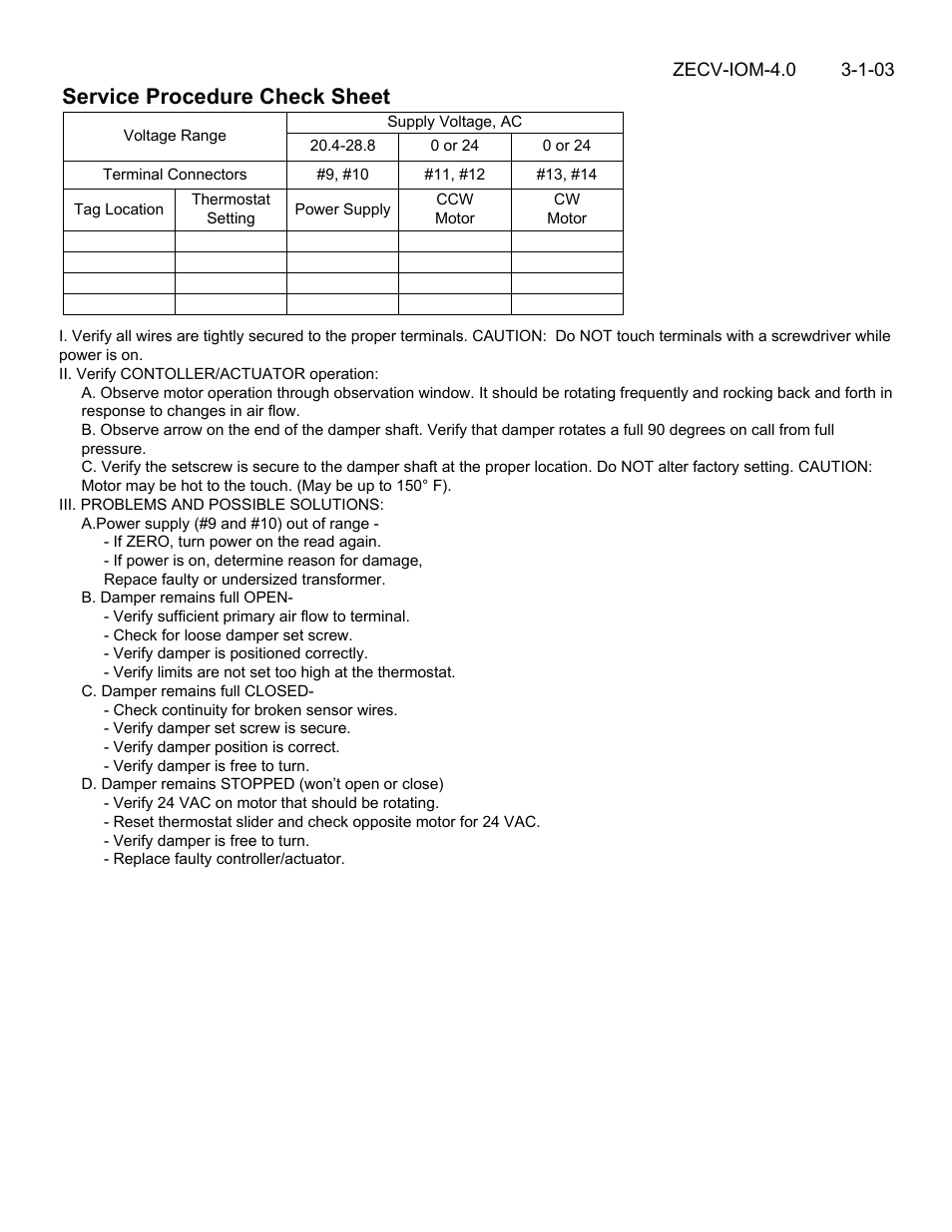 Service procedure check sheet | Titus ZECV IOM User Manual | Page 4 / 4