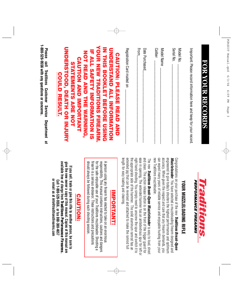 For y our records, Impor t ant, Caution | Traditions PURSUIT (Non-Accelerator Models) User Manual | Page 2 / 26
