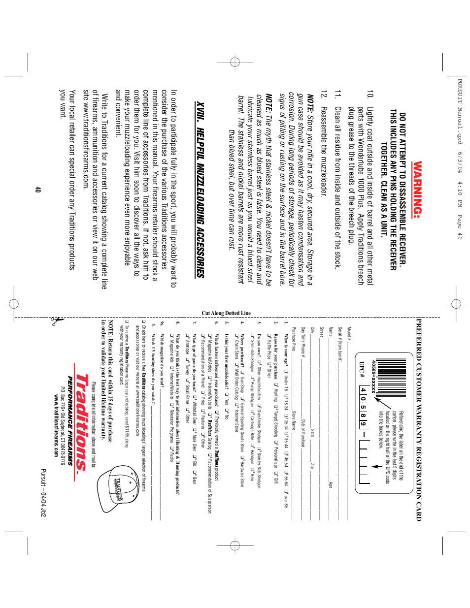 W arning, Xviii. helpful muzzleloading accessories, Preferred cust omer w arranty registra tion card | Traditions PURSUIT (Non-Accelerator Models) User Manual | Page 26 / 26