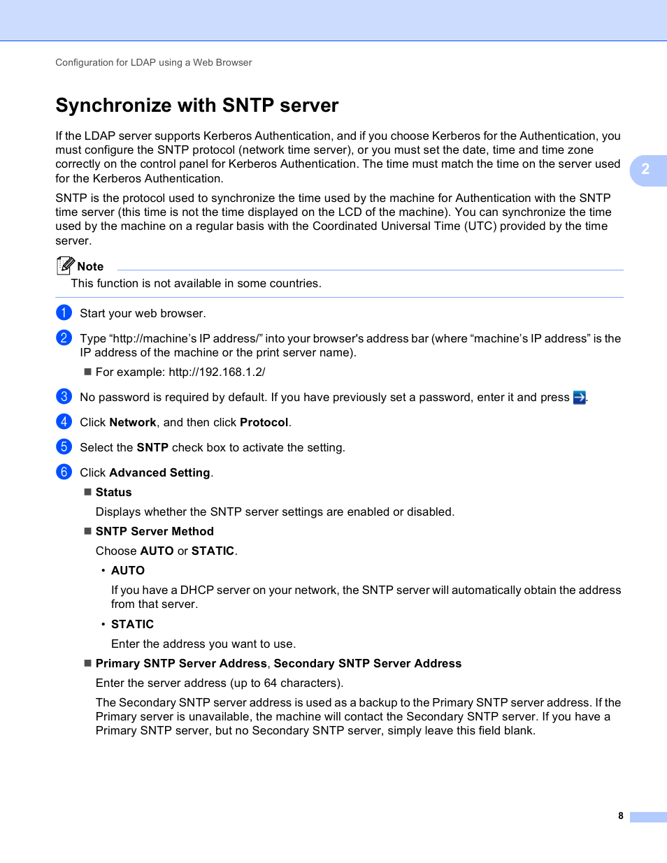 Synchronize with sntp server | Brother 8910DW User Manual | Page 11 / 31