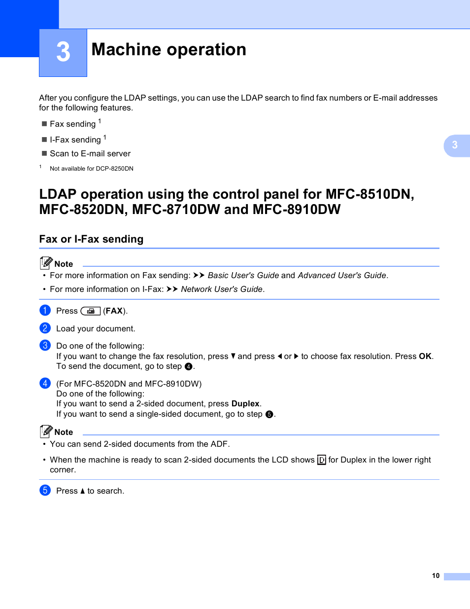 3 machine operation, Fax or i-fax sending, Machine operation | Mfc-8910dw | Brother 8910DW User Manual | Page 13 / 31