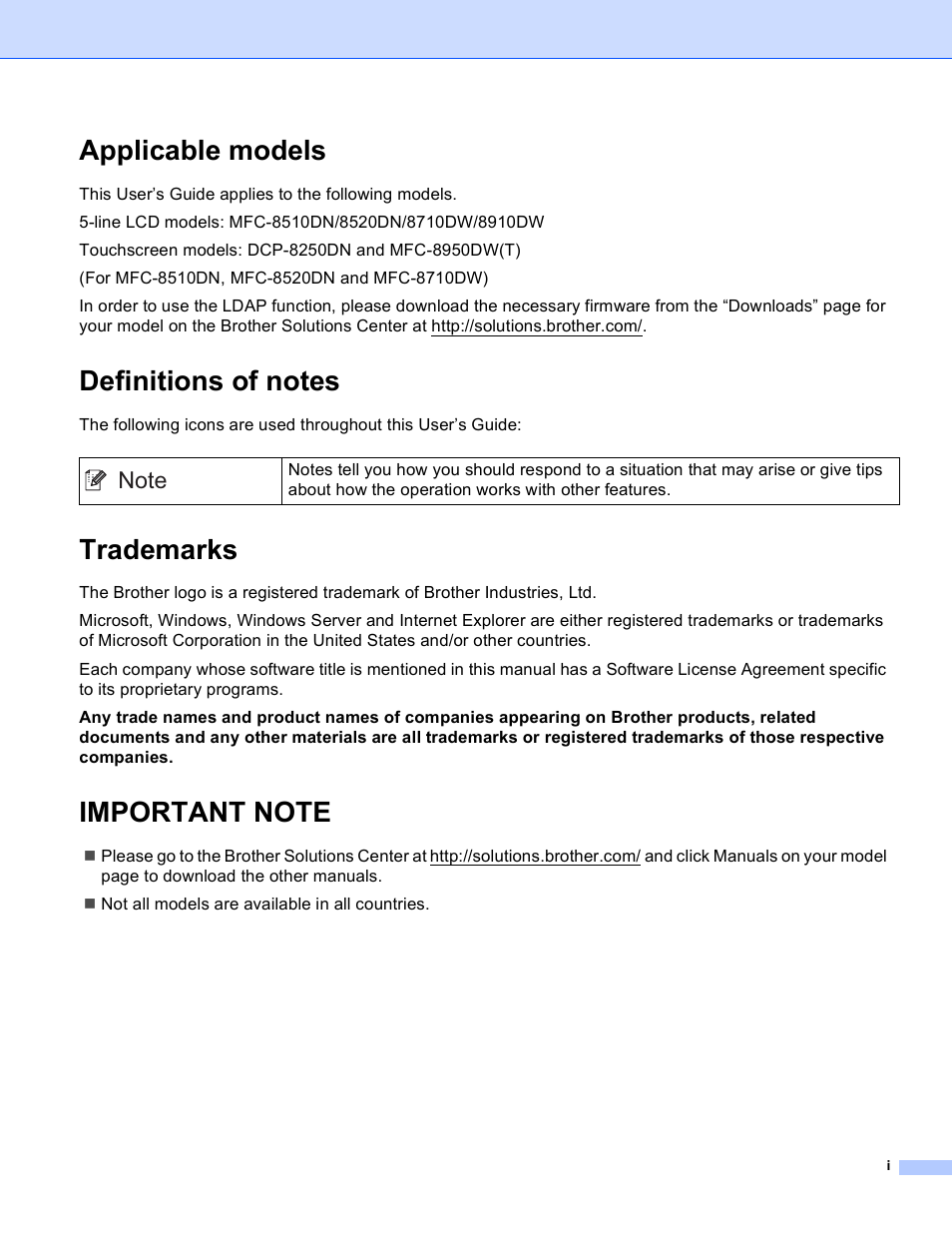 Applicable models, Definitions of notes, Trademarks | Important note | Brother 8910DW User Manual | Page 2 / 31