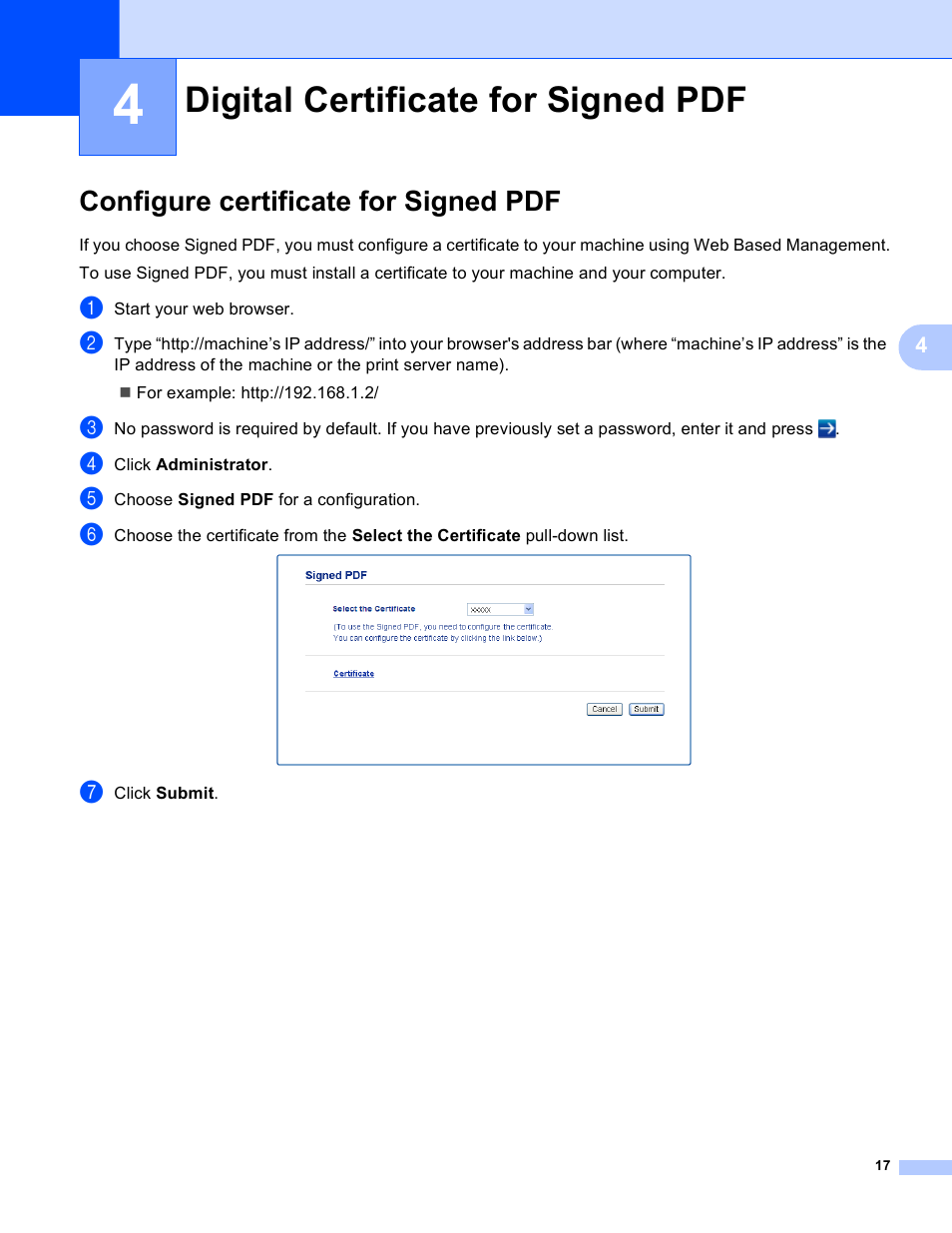 4 digital certificate for signed pdf, Configure certificate for signed pdf, Digital certificate for signed pdf | Brother 8910DW User Manual | Page 20 / 31