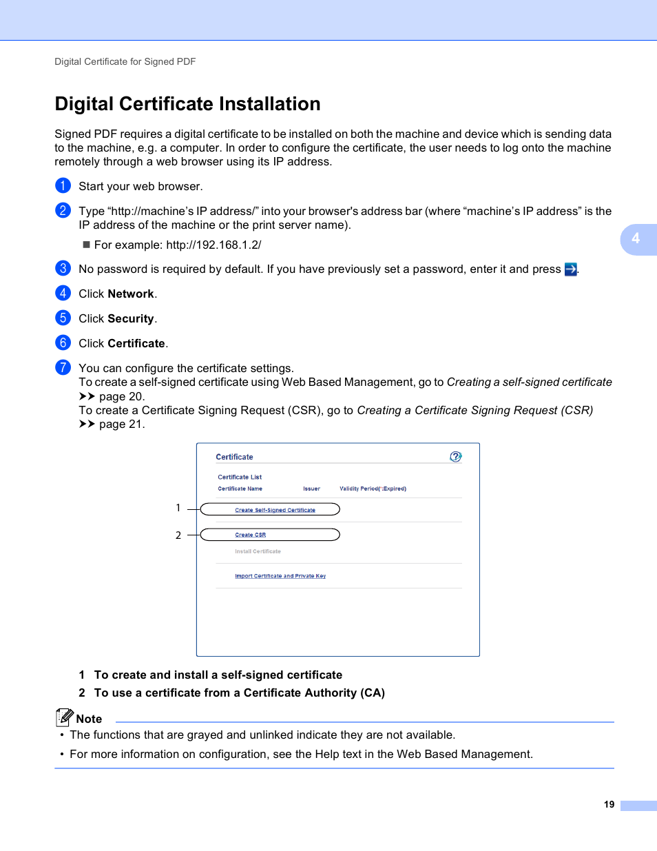Digital certificate installation | Brother 8910DW User Manual | Page 22 / 31