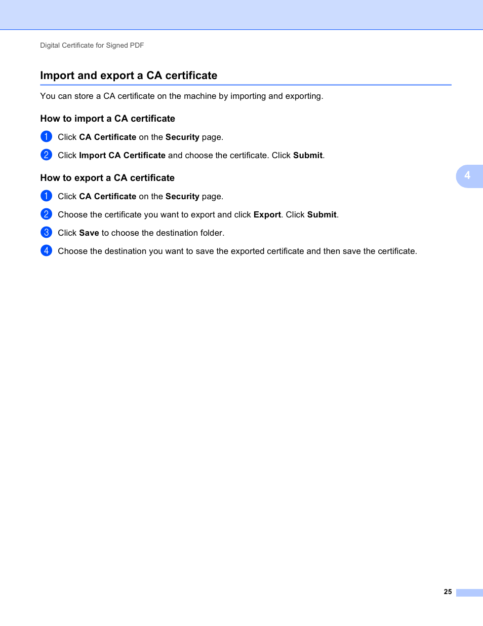 Import and export a ca certificate, How to import a ca certificate, How to export a ca certificate | Import and export a ca certificate uu, 4import and export a ca certificate | Brother 8910DW User Manual | Page 28 / 31