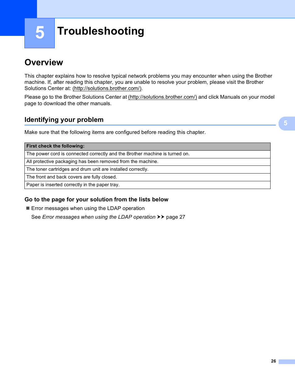 5 troubleshooting, Overview, Identifying your problem | Troubleshooting | Brother 8910DW User Manual | Page 29 / 31