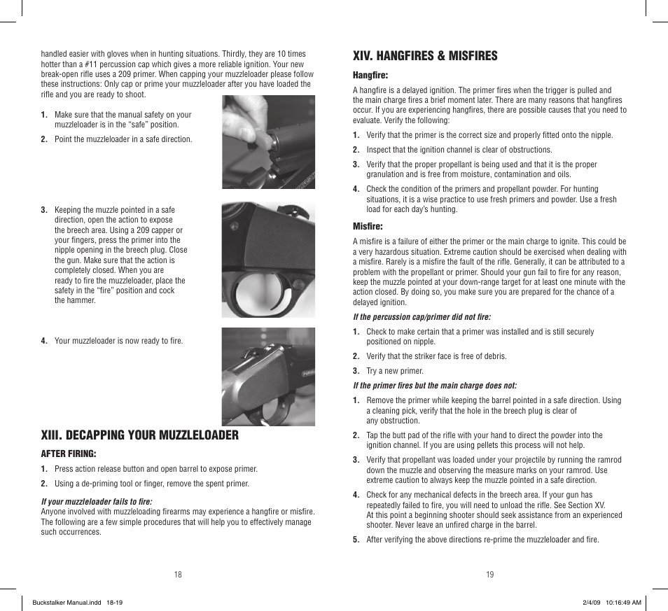 Xiii. decapping your muzzleloader, Xiv. hangfires & misfires | Traditions Buckstalker User Manual | Page 10 / 15