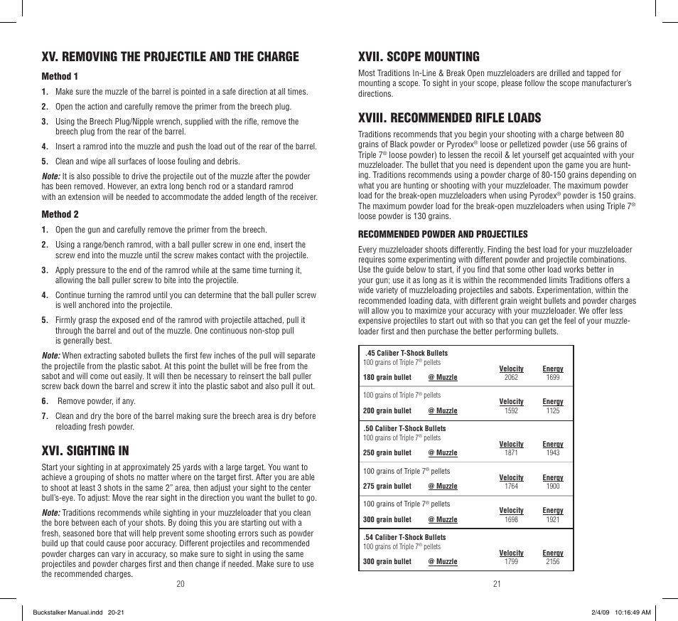 Xv. removing the projectile and the charge, Xvi. sighting in, Xvii. scope mounting | Xviii. recommended rifle loads | Traditions Buckstalker User Manual | Page 11 / 15