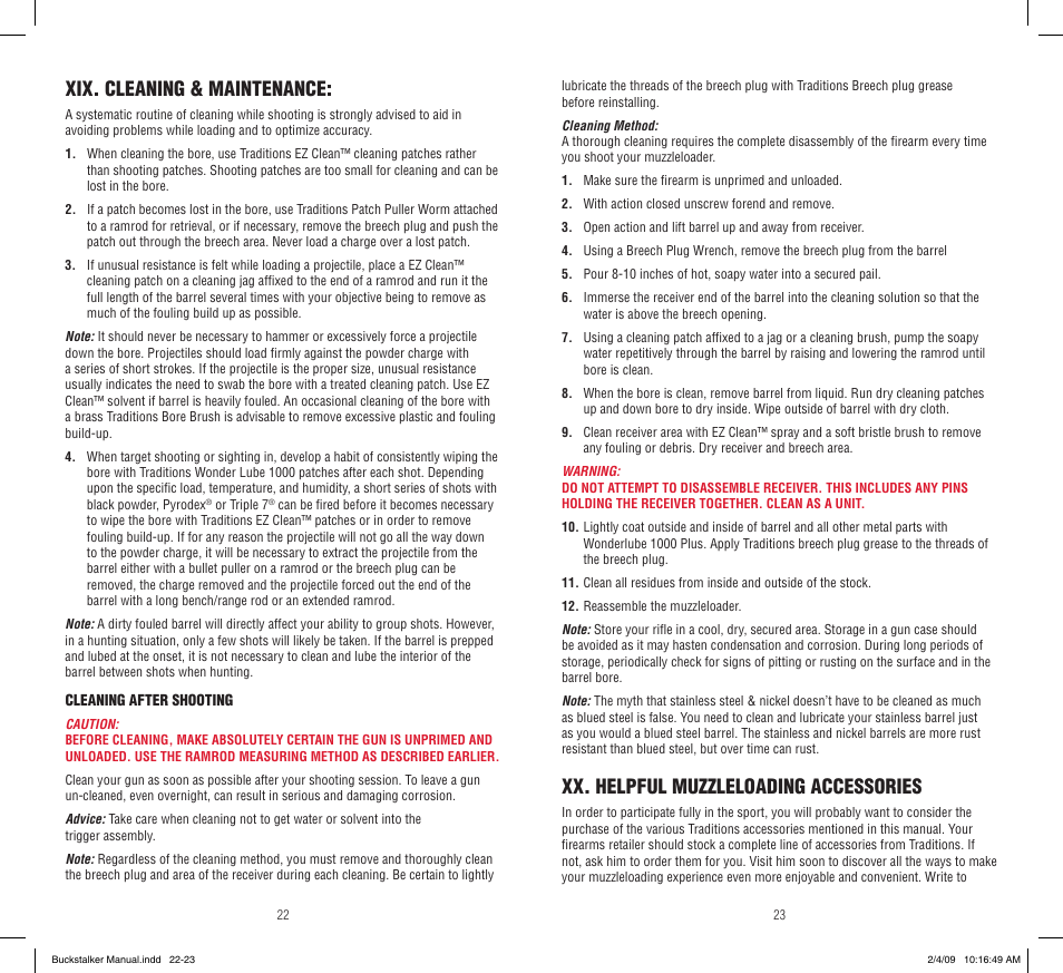 Xix. cleaning & maintenance, Xx. helpful muzzleloading accessories | Traditions Buckstalker User Manual | Page 12 / 15