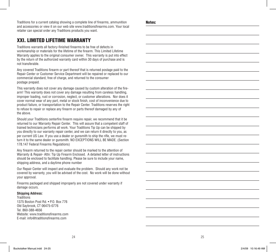 Xxi. limited lifetime warranty | Traditions Buckstalker User Manual | Page 13 / 15