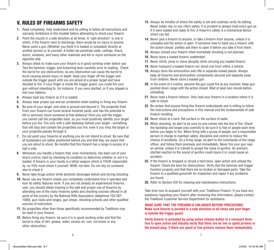 V. rules of firearms safety | Traditions Buckstalker User Manual | Page 4 / 15